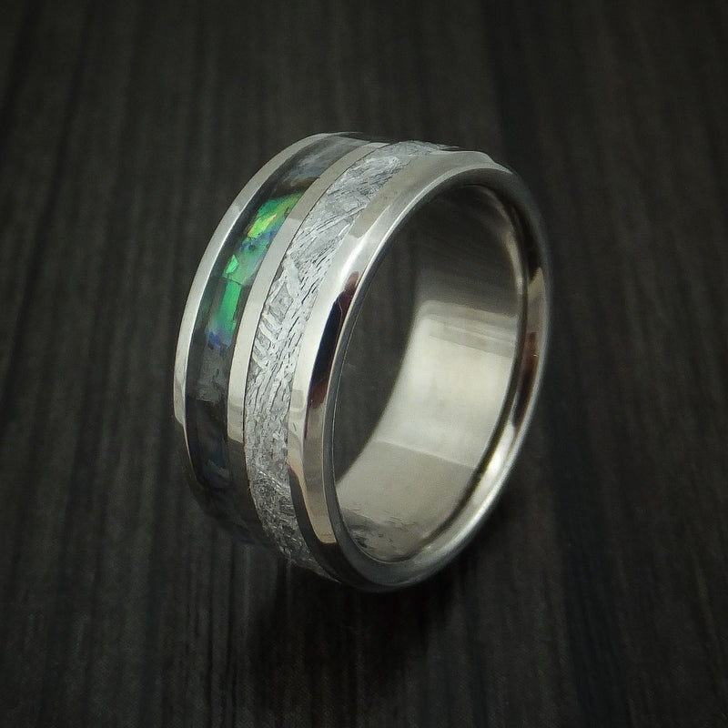 Titanium Ring with Meteorite and Abalone Custom Made Band