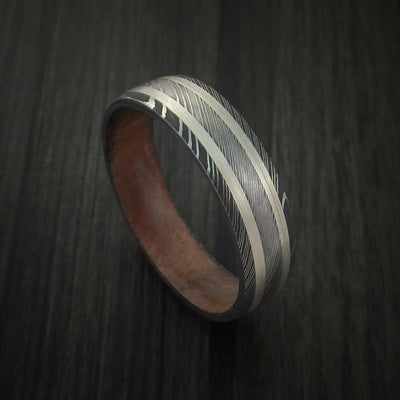 Damascus Steel Ring with Silver Inlays and Kauri Hard Wood Sleeve