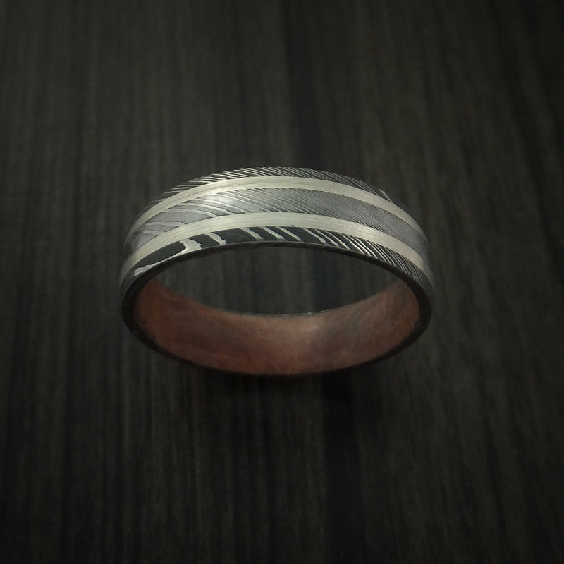 Damascus Steel Ring with Silver Inlays and Kauri Hard Wood Sleeve