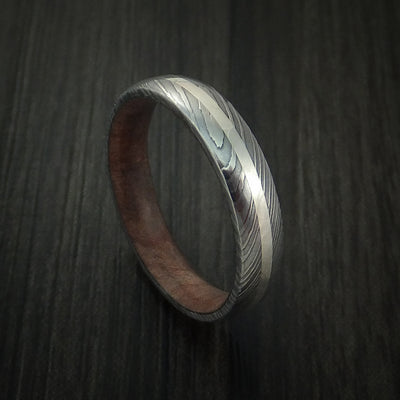 Damascus Steel Ring with Silver Inlay and Hardwood Sleeve