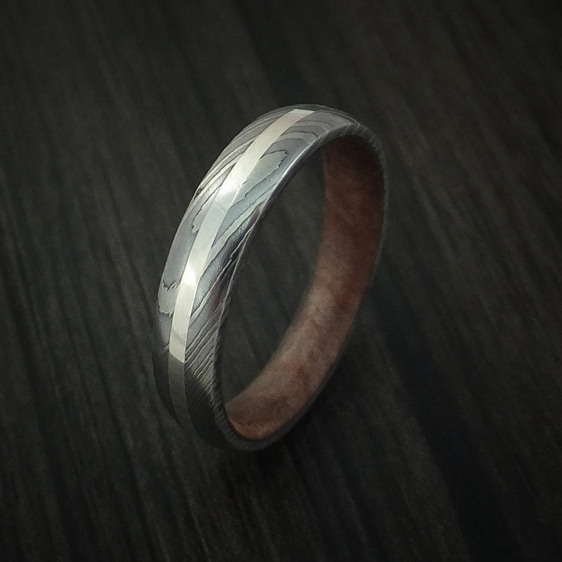 Damascus Steel Ring with Silver Inlay and Hardwood Sleeve