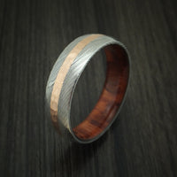 Damascus Steel and 14K Rose Gold Band with Snakewood Wood Inlay Custom Made Ring