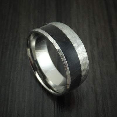 Titanium and Black Dinosaur Bone Hammered Ring Custom Made Fossil Band