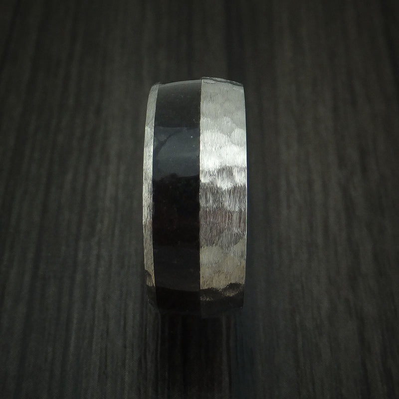 Titanium and Black Dinosaur Bone Hammered Ring Custom Made Fossil Band
