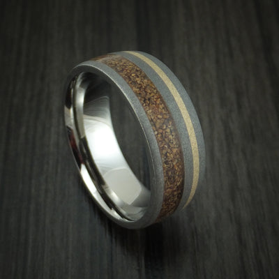 Titanium and Tan Dinosaur Bone Ring with 14K Yellow Gold Custom Made Fossil Band