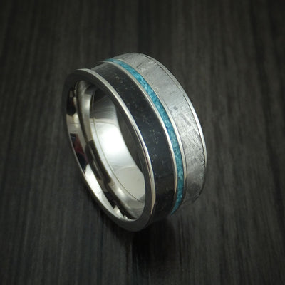 Titanium Black Dinosaur Bone and Gibeon Meteorite Ring with Turquoise Inlay Custom Made Fossil Band