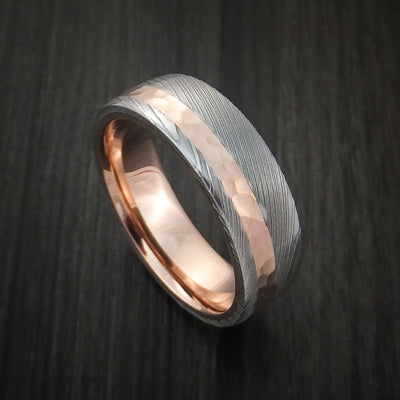Damascus Steel Ring with 14K Rose Gold Hammered Inlay and Gold Sleeve Custom Made Band