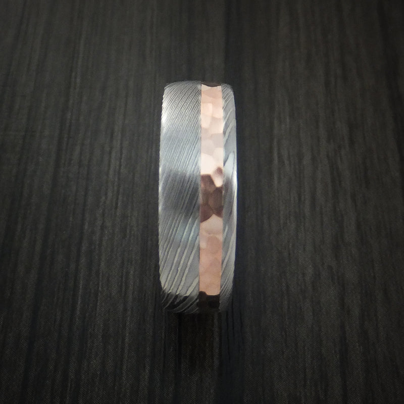 Damascus Steel Ring with 14K Rose Gold Hammered Inlay and Gold Sleeve Custom Made Band