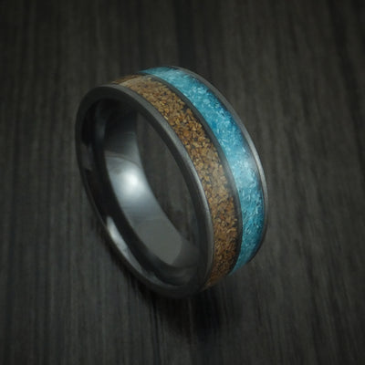 Black Zirconium Tan Dinosaur Bone and Turquoise Ring Custom Made Fossil Band