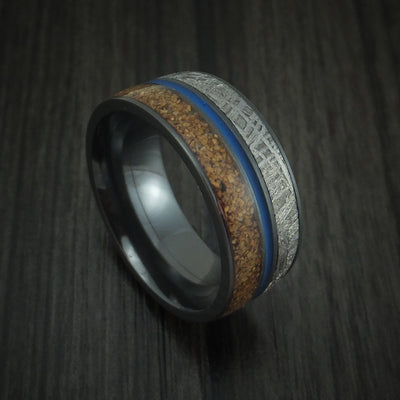 Black Titanium Tan Dinosaur Bone and Gibeon Meteorite Ring with Cerakote Inlay Custom Made Fossil Band