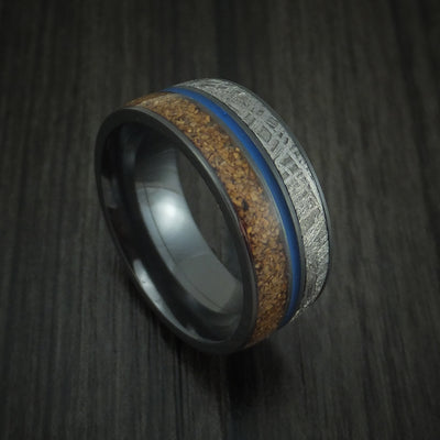 Black Zirconium Tan Dinosaur Bone and Gibeon Meteorite Ring with Cerakote Inlay Custom Made Fossil Band