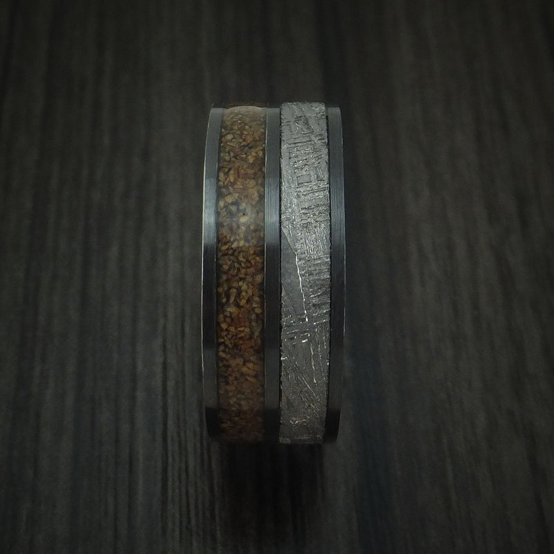 Black Zirconium Tan Dinosaur Bone and Gibeon Meteorite Ring with Desert Ironwood Burl Wood Sleeve Custom Made Fossil Band