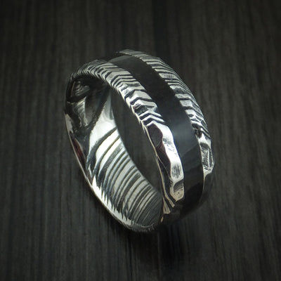 Kuro Damascus Steel and Black Dinosaur Bone Rock Hammered Ring Custom Made Fossil Band