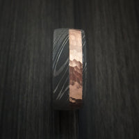 Damascus Steel Ring with 14K Rose Gold Hammered Inlay and Gold Sleeve Custom Made Band