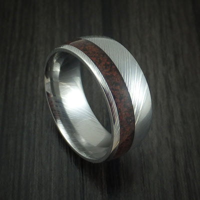 Damascus Steel and Red Dinosaur Bone Ring Custom Made Fossil Band