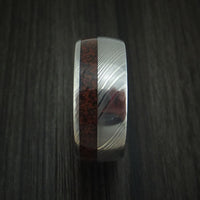Damascus Steel and Red Dinosaur Bone Ring Custom Made Fossil Band