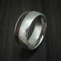 Damascus Steel and Red Dinosaur Bone Ring Custom Made Fossil Band