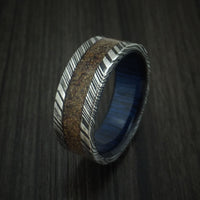 Kuro Damascus Steel Tan Dinosaur Bone Ring with Blueberry Wood Sleeve Custom Made Fossil Band