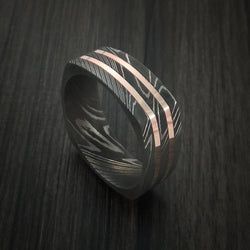 Squared Damascus Steel Ring with 14k Rose Gold Inlays Custom Made Band
