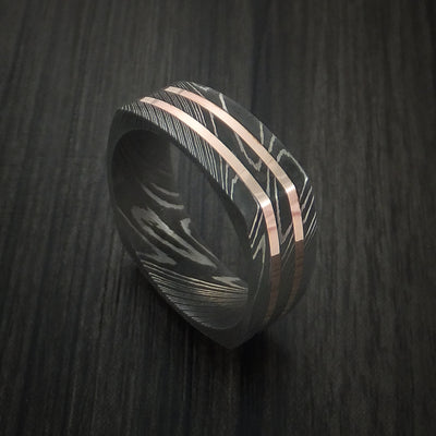 Squared Damascus Steel Ring with 14k Rose Gold Inlays Custom Made Band