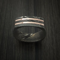 Squared Damascus Steel Ring with 14k Rose Gold Inlays Custom Made Band