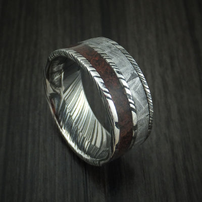 Kuro Damascus Steel Red Dinosaur Bone and Gibeon Meteorite Ring Custom Made Fossil Band