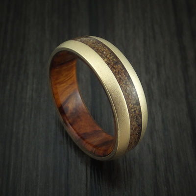 14K Yellow Gold and Tan Dinosaur Bone Ring with Desert Ironwood Burl Wood Sleeve Custom Made Fossil Band