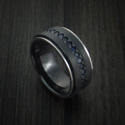 Black Zirconium Band with 14K White Gold Edges and 12 Beautiful Sapphires
