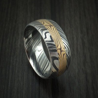 Kuro Damascus Steel and Yellow Gold Mokume Shakudo Gane Inlay Custom Made Band
