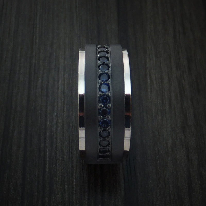 Black Zirconium Band with 14K White Gold Edges and 12 Beautiful Sapphires