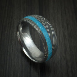 Damascus Steel Ring with Turquoise Inlay Custom Made Band