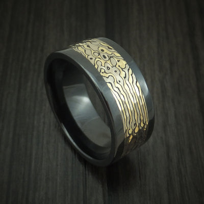 Black Zirconium and Yellow Gold Mokume Shakudo Hammered Ring Custom Made Band
