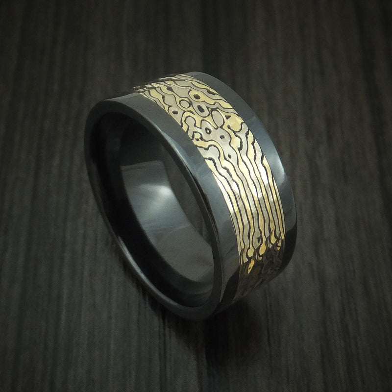 Black Titanium and Yellow Gold Mokume Shakudo Hammered Ring Custom Made Band