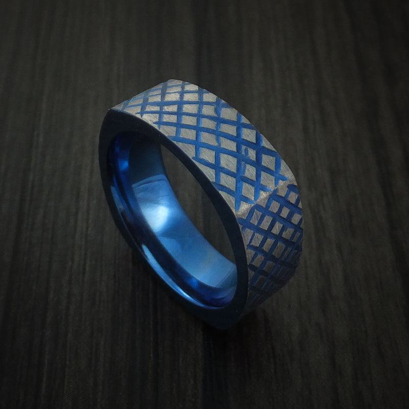 Titanium Anodized Square Ring with Crosshatch Pattern Custom Made Band