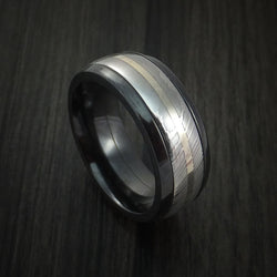 Black Titanium and Damascus Steel Band 14K White Gold Center Custom Made Ring