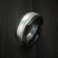 Black Zirconium and Damascus Steel Band 14K White Gold Center Custom Made Ring
