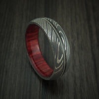 Damascus Steel Guitar String Ring with Red Heart Wood Sleeve Custom Made Band