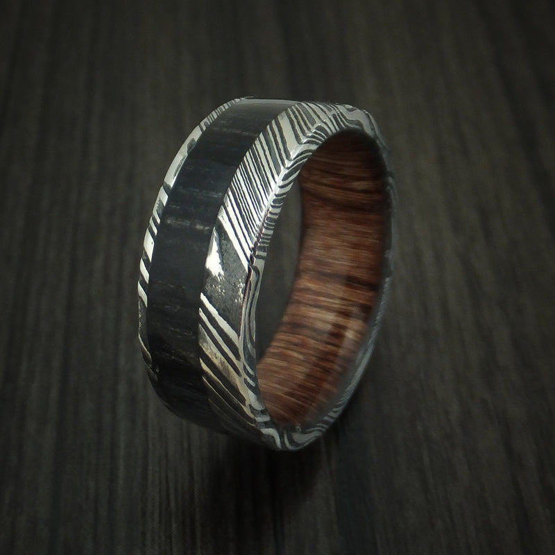 Kuro Damascus Steel Ring with Charcoal Wood Inlay and Ziriciote Hardwood Sleeve Custom Made