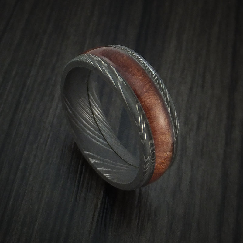 Wood Ring and DAMASCUS Ring inlaid with Ziriciote Hardwood Custom Made to Any Size and Optional Wood Types