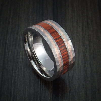 Titanium with 14K Rose Gold and Cocobolo Hardwood Hammered Ring Custom Made Band