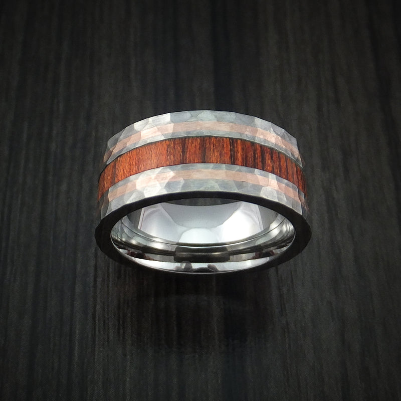 Titanium with 14K Rose Gold and Cocobolo Hardwood Hammered Ring Custom Made Band
