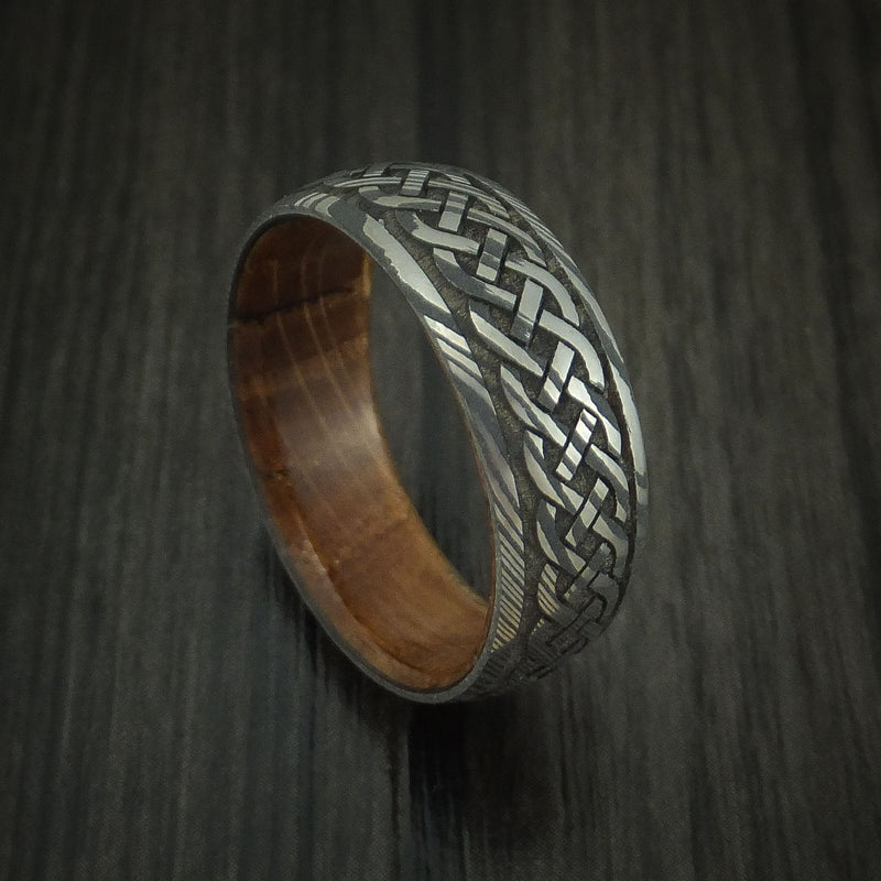 Damascus Steel Celtic Knot Band with Whiskey Barrel Wood Sleeve Custom Made