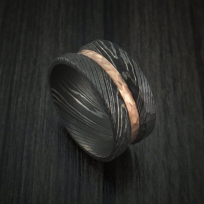 Damascus Steel Ring with Rock Hammer Finish and 14k Rose Gold Inlay Custom Made