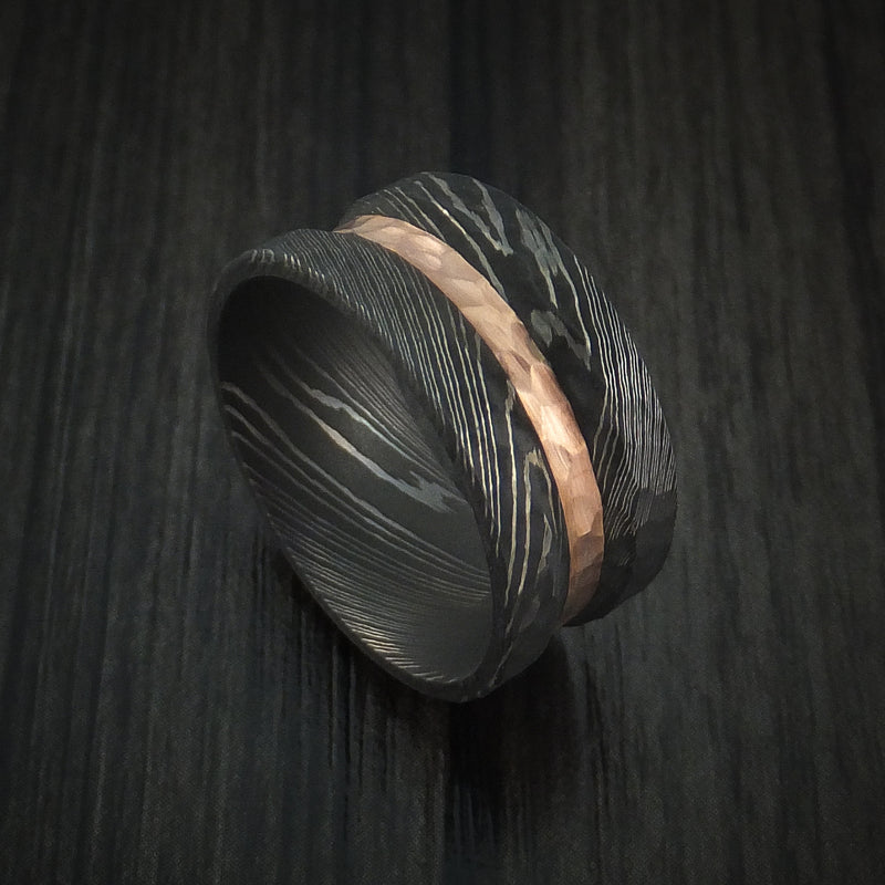 Damascus Steel Ring with Rock Hammer Finish and 14k Rose Gold Inlay Custom Made