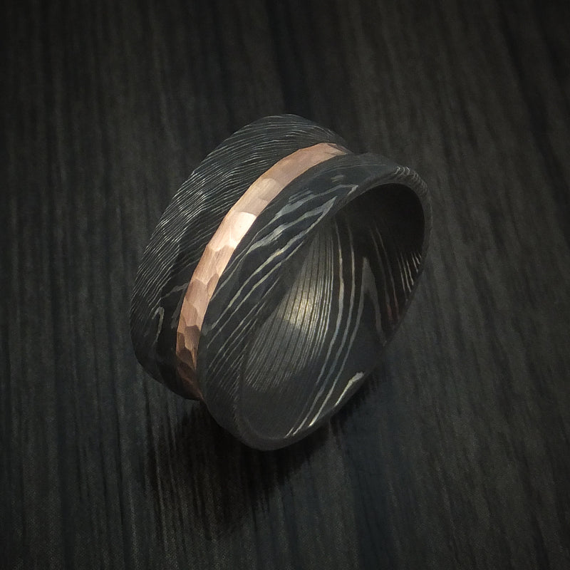 Damascus Steel Ring with Rock Hammer Finish and 14k Rose Gold Inlay Custom Made