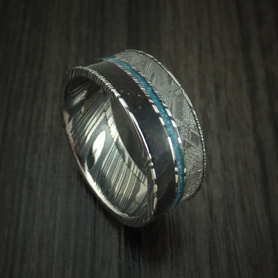 Kuro Damascus Steel Black Dinosaur Bone and Gibeon Meteorite Ring with Turquoise Inlay Custom Made Fossil Band