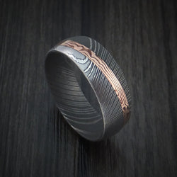 Damascus Steel Ring with Diagonal Rose Gold Mokume Inlay Custom Made
