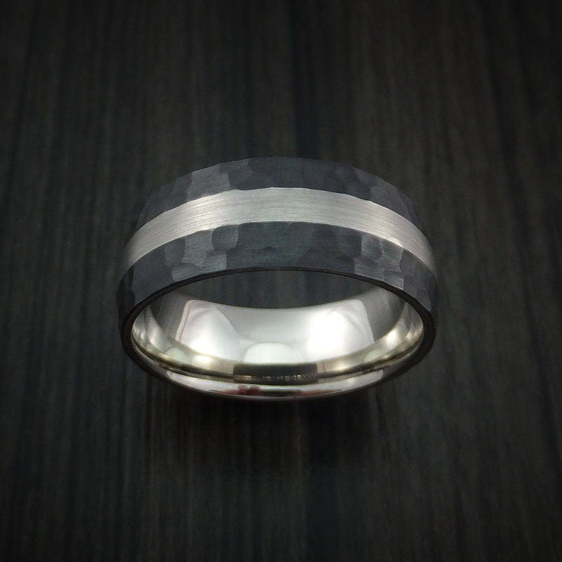 Black Titanium Hammered Ring with 14K White Gold Sleeve and Platinum Inlay Custom Made Wedding Band