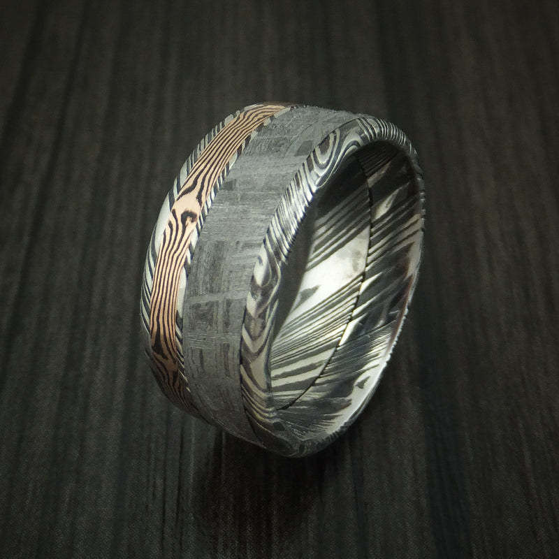 Kuro Damascus Steel Band with Gibeon Meteorite and Rose Gold Mokume Shakudo Custom Made Ring