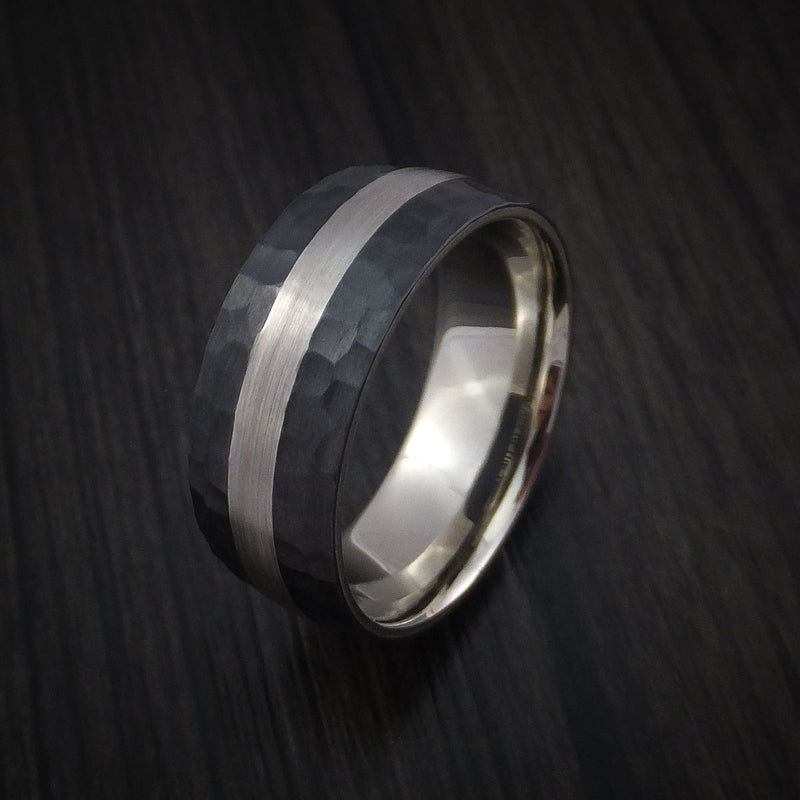 Black Titanium Hammered Ring with 14K White Gold Sleeve and Platinum Inlay Custom Made Wedding Band